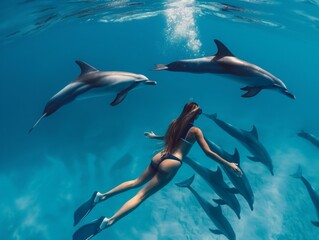 A woman free diving with graceful dolphins in a serene underwater scene.