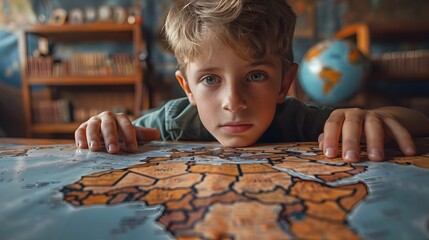 A young boy is looking at a map of Africa
