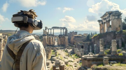 A boy wearing a VR headset is looking at a large building - obrazy, fototapety, plakaty