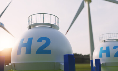 Concept of clean energy and hydrogen energy, renewable energy production, hydrogen gas fuel tank ...