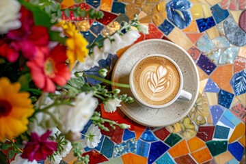 A cup of cappuccino with latte art on a colorful mosaic table in a coffee shop, top view, with a flowers bouquet on the side