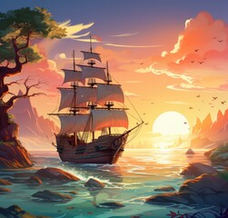 ship in the sunset - obrazy, fototapety, plakaty