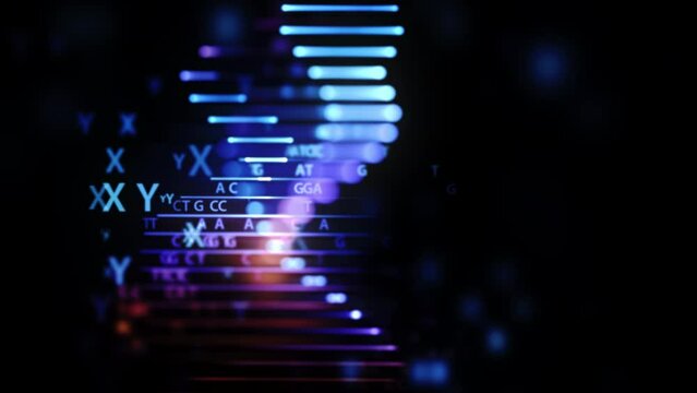 Helix structure of DNA molecule with letters associated with genetics, DNA and chromosomes. Abstract concept of genetic engineering, DNA test or chromosome research. 4K looped video of DNA strand