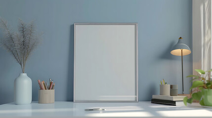 Obraz na płótnie Canvas Square shape mockup photo frame glass border, on study desk in modern living room, 3d render