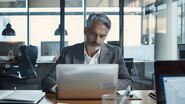 Middle aged professional business man ceo investor working online looking at computer in office. Busy older mature businessman executive or entrepreneur wearing suit sitting at desk using laptop.