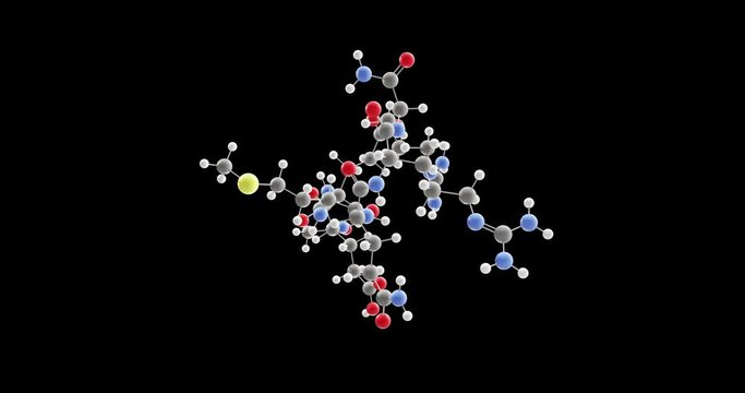 Argireline molecule, rotating 3D model of acetyl hexapeptide-3, looped video on a black background