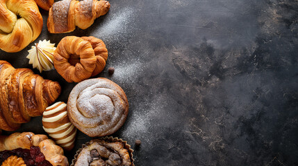 Assorted bakery delights on dark background. Top view of various pastries arranged on a dark textured surface, leaving copy space