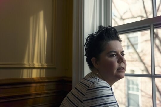 A thoughtful individual with short hair looks out a window, light casting shadows on the wall