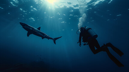 Deep ocean danger shark scuba diving fear concept phobia thalassophobia galeophobia swimming dark unknown