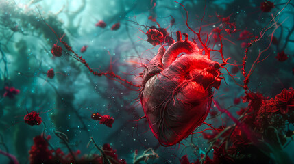 Artistic representation of a human heart surrounded by red blood cells in a mystical underwater setting