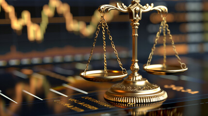 Golden scales of justice on a blurred background with financial graphs, symbolizing legal aspects of finance
