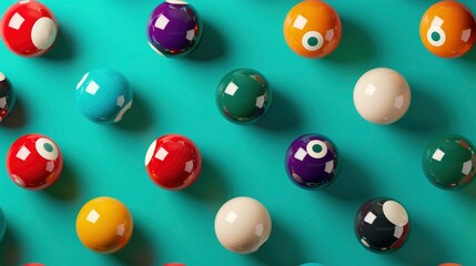 Realistic billiard balls apart from each other photo pattern, flat color background, isometric, view from top, bird eye view, professional studio shoot 