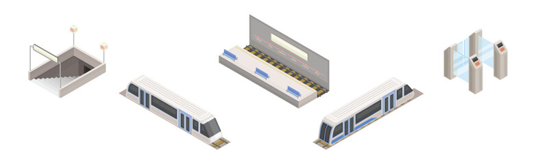 Isometric Metro Station with Train, Platform, Stair and Turnstile Vector Set