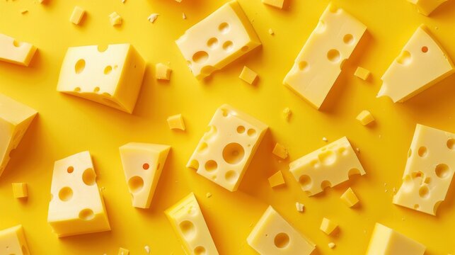 Realistic cheese chunks apart from each other photo pattern, flat color background, isometric, view from top, bird eye view, professional studio shoot 