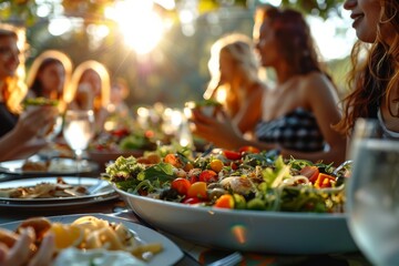 A group of women are sitting around a table with a large salad in the center