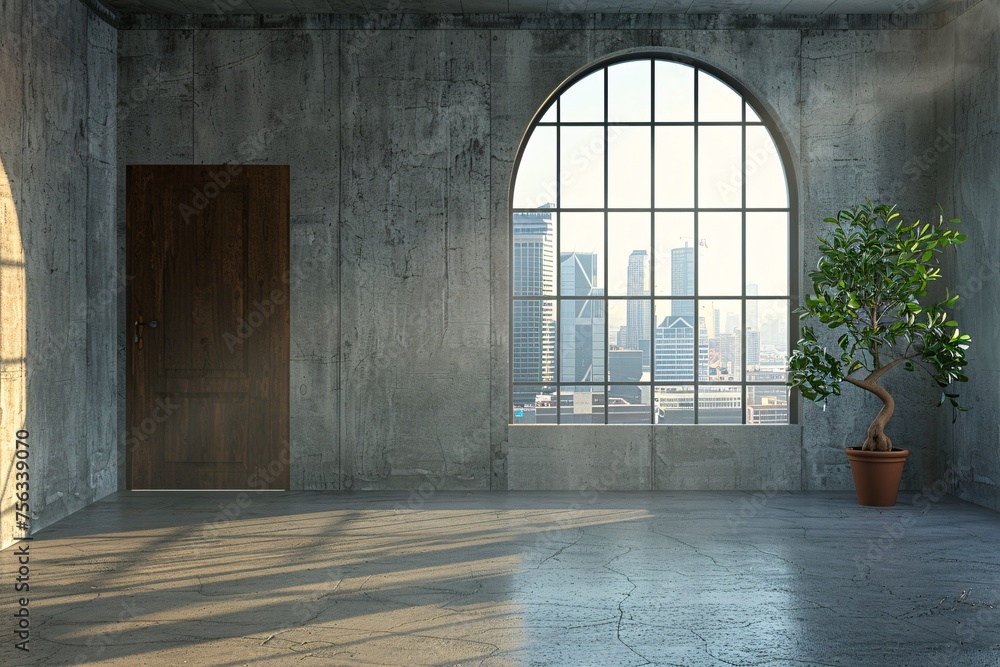 Poster a view of the city from the window of a modern office building generative ai