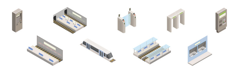 Isometric Metro Station with Payment Terminal and Train Vector Set