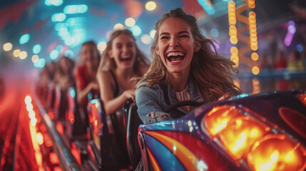 Fototapeta na wymiar Girls friends in a roller coaster amusement park
