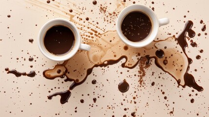 Obraz premium Realistic coffee stains apart from each other photo pattern, flat color background, isometric, view from top, bird eye view, professional studio shoot