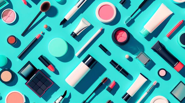 Realistic cosmetic products apart from each other photo pattern, flat color background, isometric, view from top, bird eye view, professional studio shoot