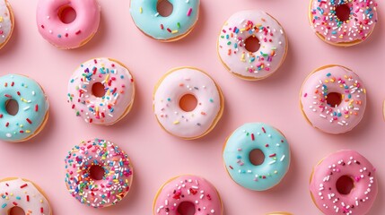 Realistic donuts pattern in shadow play style, flat pastel color background, isometric, top view, professional studio photo