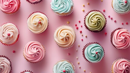 Realistic cupcakes apart from each other photo pattern, flat color background, isometric, view from top, bird eye view, professional studio shoot
