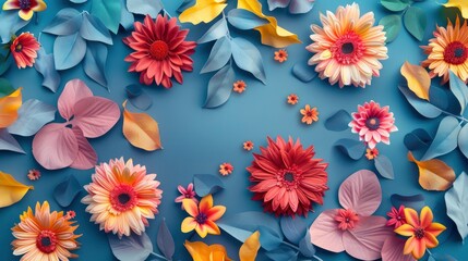 Fototapeta na wymiar Realistic floral pattern, flat color background, isometric, view from top, bird eye view, professional studio photo shoot