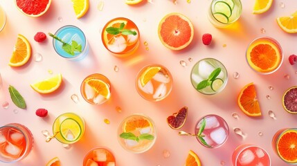 Realistic fresh summer cocktails apart from each other photo pattern, flat color background, isometric, view from top, bird eye view, professional studio shoot