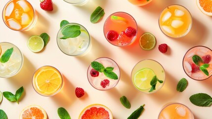 Realistic fresh summer cocktails apart from each other photo pattern, flat color background, isometric, view from top, bird eye view, professional studio shoot