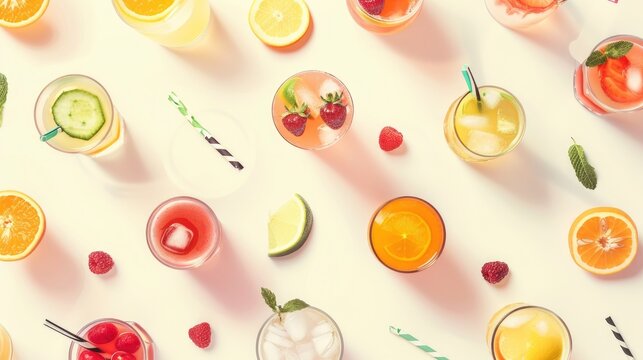 Realistic fresh summer cocktails apart from each other photo pattern, flat color background, isometric, view from top, bird eye view, professional studio shoot