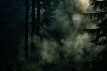 Mysterious Smoke forest night. Evening scary. Generate Ai