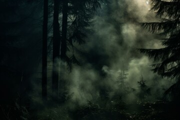 Fototapeta premium Mysterious Smoke forest night. Evening scary. Generate Ai