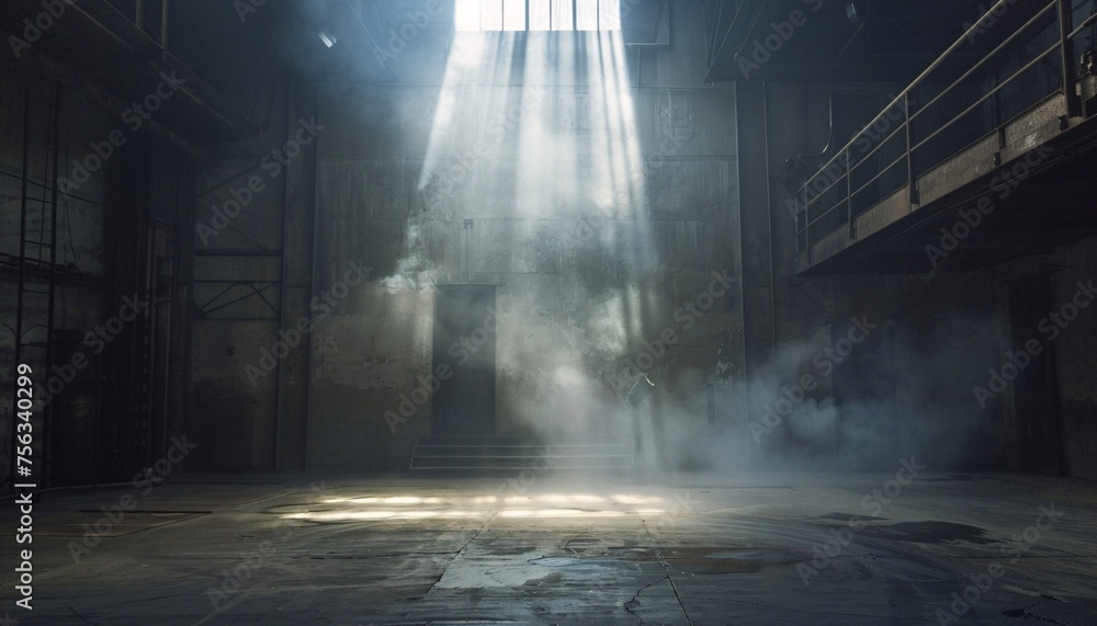 Poster sunlight beams through the windows of a dilapidated building generative ai