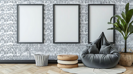 Multi mockup poster frames on patterned wallpaper, near cozy bean bag chair, Scandinavian style living room