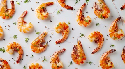 Realistic grilled prawn shrimps apart from each other photo pattern, flat color background, isometric, view from top, bird eye view, professional studio shoot