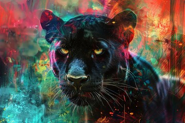 Feline Frenzy A Black Panther's Eyes Glow in the Neon Light Generative AI