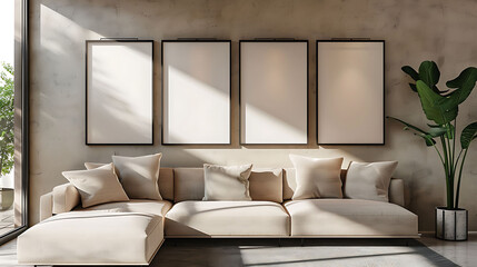 Multi mockup poster frames on hanging fabric panel, by a designer sectional sofa