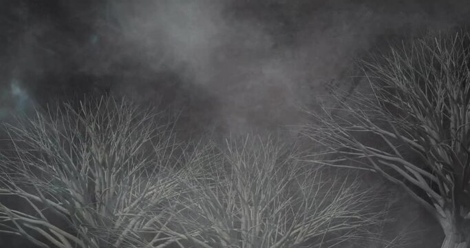Animation of gray trees over storm clouds on black background