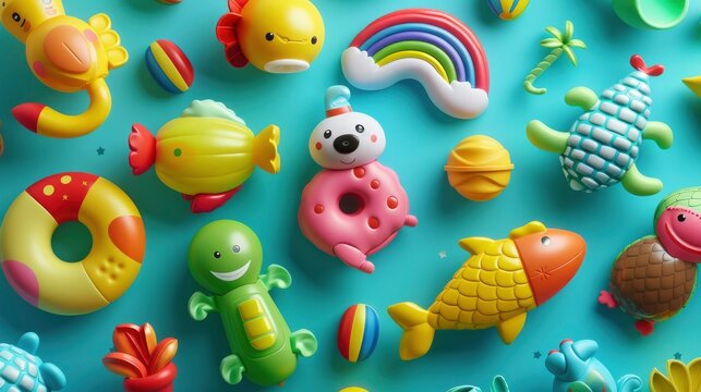 Realistic inflatable toys apart from each other photo pattern, flat color background, isometric, view from top, bird eye view, professional studio shoot