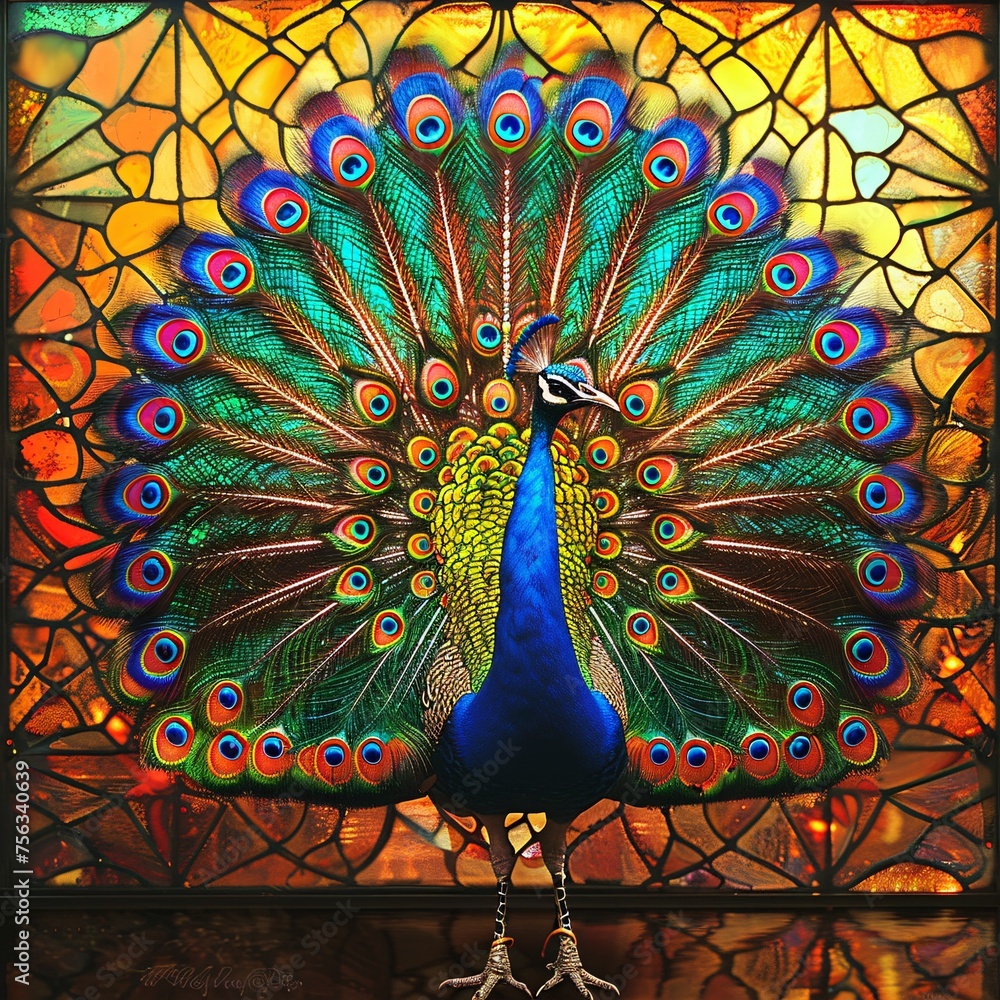 Poster peacock perfectly poses for a picture in front of a stained glass window generative ai
