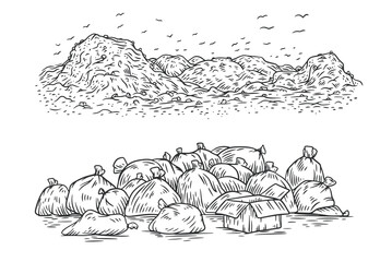Hand drawn landfill landscape of in cartoon outline style. Panoramic environment city dump with flying birds above. Doodle vector illustration. - obrazy, fototapety, plakaty
