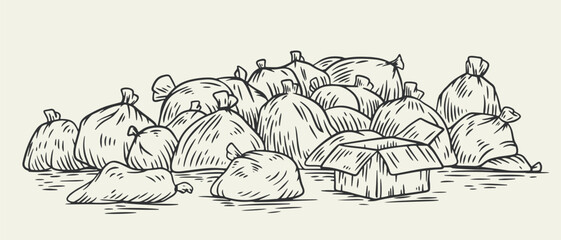 Garbage pile of bags in monochrome sketch style isolated on white background. Collection design doodle elements. Vector illustration. - 756340646
