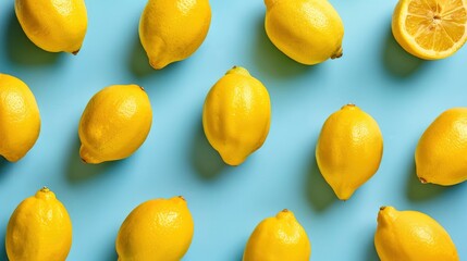 Realistic lemons apart from each other photo pattern, flat color background, isometric, view from top, bird eye view, professional studio shoot  - obrazy, fototapety, plakaty