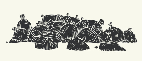 Garbage pile of bags in monochrome sketch style isolated on white background. Collection design doodle elements. Vector illustration. - 756340657