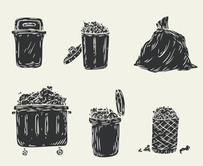 Set garbage containers in monochrome sketch style isolated on white background. Collection design elements. Trash bin, pack, box. Vector illustration. - 756340664