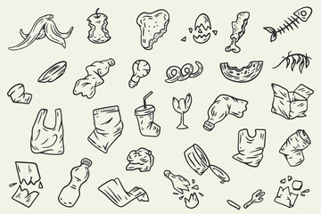 Set cartoon doodle garbage object elements in monochrome scribble style. Collection hand drawn organic, plastic, glass trash. Vector illustration. - 756340688