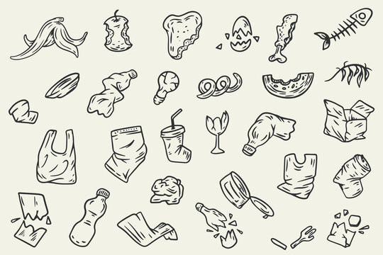 Set cartoon doodle garbage object elements in monochrome scribble style. Collection hand drawn organic, plastic, glass trash. Vector illustration.