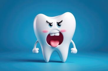 funny displeased white tooth cartoon character on blue background. pediatric dentistry, stomatology.