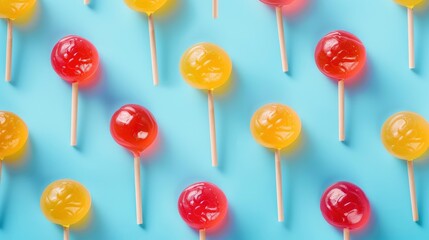 Realistic lollipops apart from each other photo pattern, flat color background, isometric, view from top, bird eye view, professional studio shoot