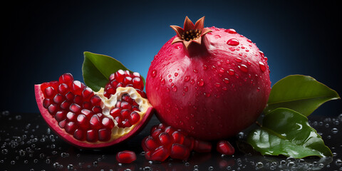 Banner with a juicy pomegranate with seeds and leaves, highlighted by water drops on a dark blue gradient background